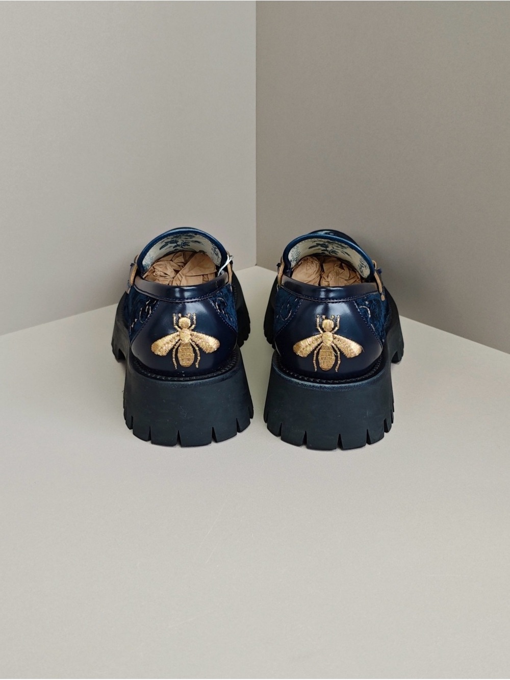 Gucci Navy Velvet Horsebit Lug Sole Loafers - Picture 3 of 6